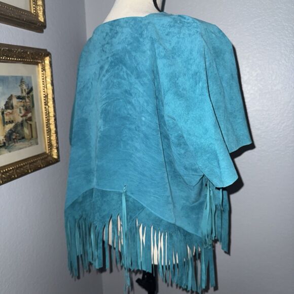 Vintage Western Teal Blue Suede Leather Fringe Shawl Cape Poncho Rodeo Hand made - Picture 3 of 16